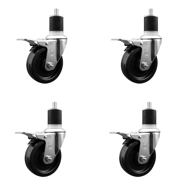 4'' Phenolic Swivel 1-7/8'' Expanding Stem Caster Set Total Lock Brake, 4PK
